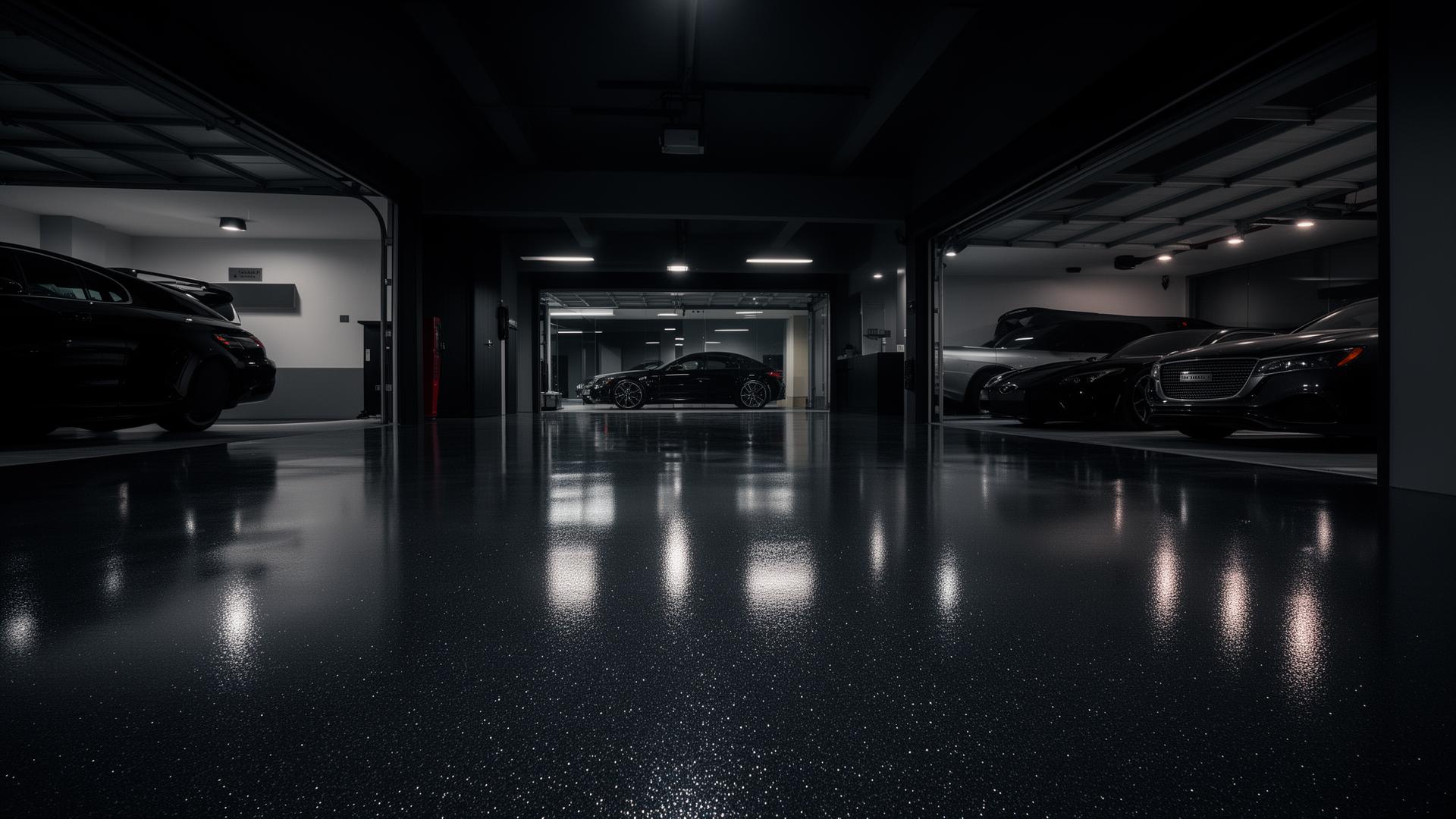 Premium glossy charcoal epoxy floor in a modern luxury garage